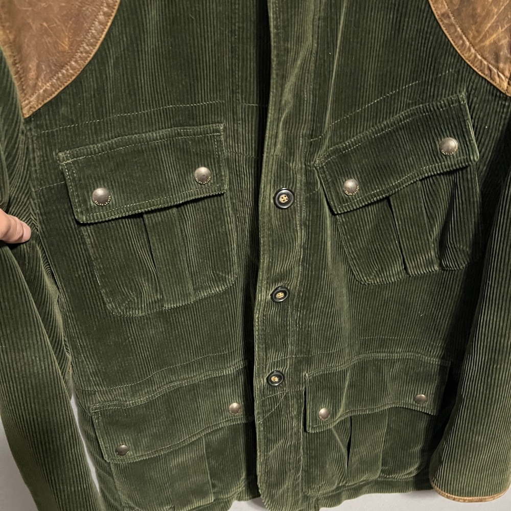 Polo Ralph Lauren Green Corduroy Hunting Jacket Leather Trim Mens XL Safari Coat - Picture 5 of 9